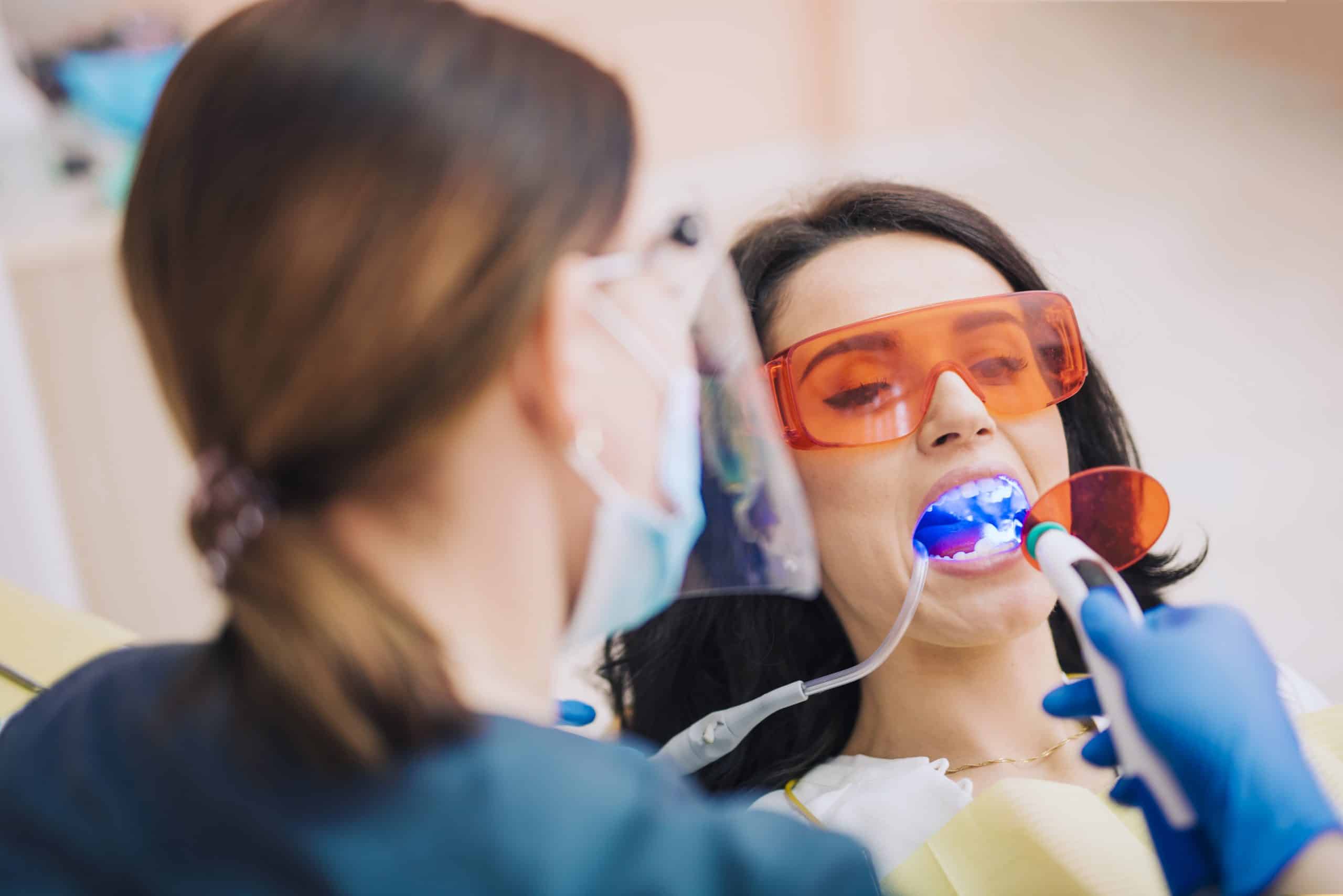 In Chair teeth withening is much more effective that home teeth whitening kits and uses ultraviolet light at the end of the procedure to produce a whiter effect.