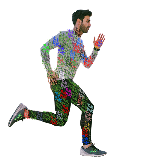 In this illustration of a running man we represent the billions of bacteria in our bodies as coloured patches.The bacteria in our bodies are generally harmless.hence the man is healthy and able to run, But if we have poor oral hygiene some of the bacteria in our mouth cause cavities, gingivitis and periodontitis and can be shared when we kiss.